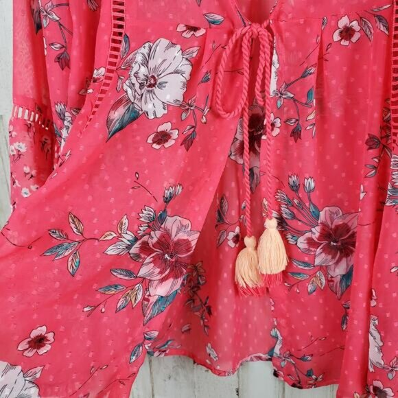 Time and Tru Floral Open Front Top Pink Size Large - Picture 6 of 9
